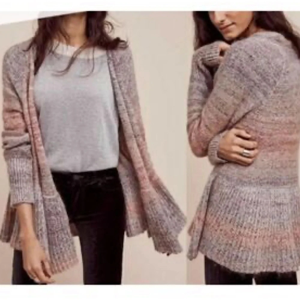 Anthropologie Knitted & Knotted Cody Peplum Cardigan Ombre L Wool Grey Boho Chic